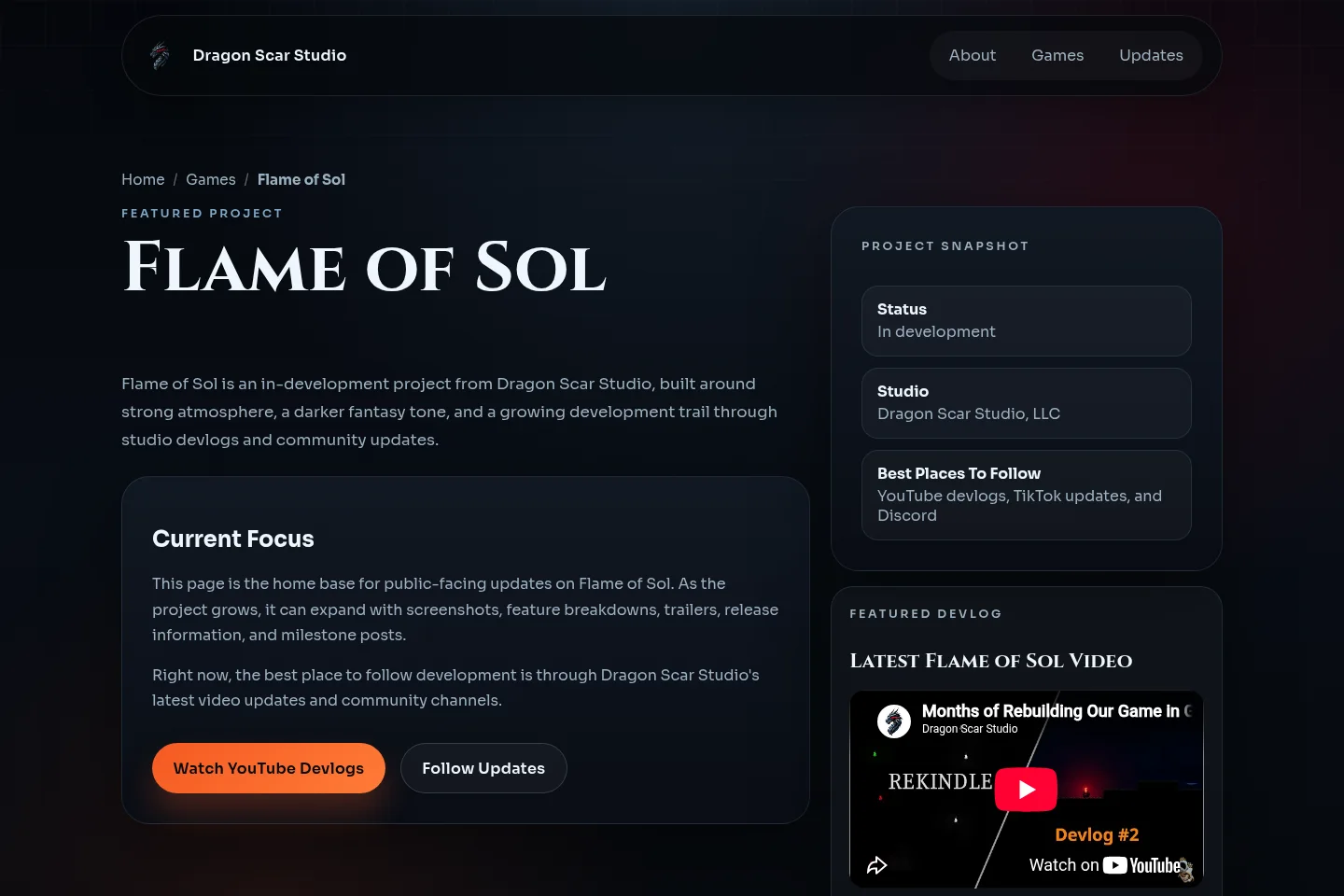 Flame of Sol project page on the Dragon Scar Studio website
